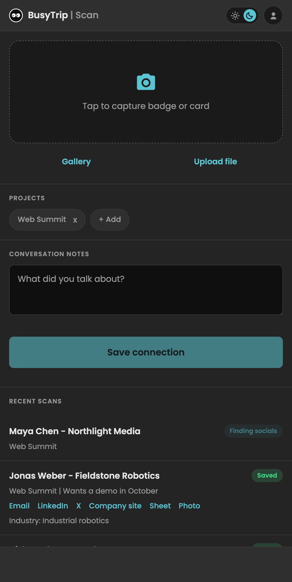 BusyTrip badge scanner on a phone, showing demo contacts being captured and enriched