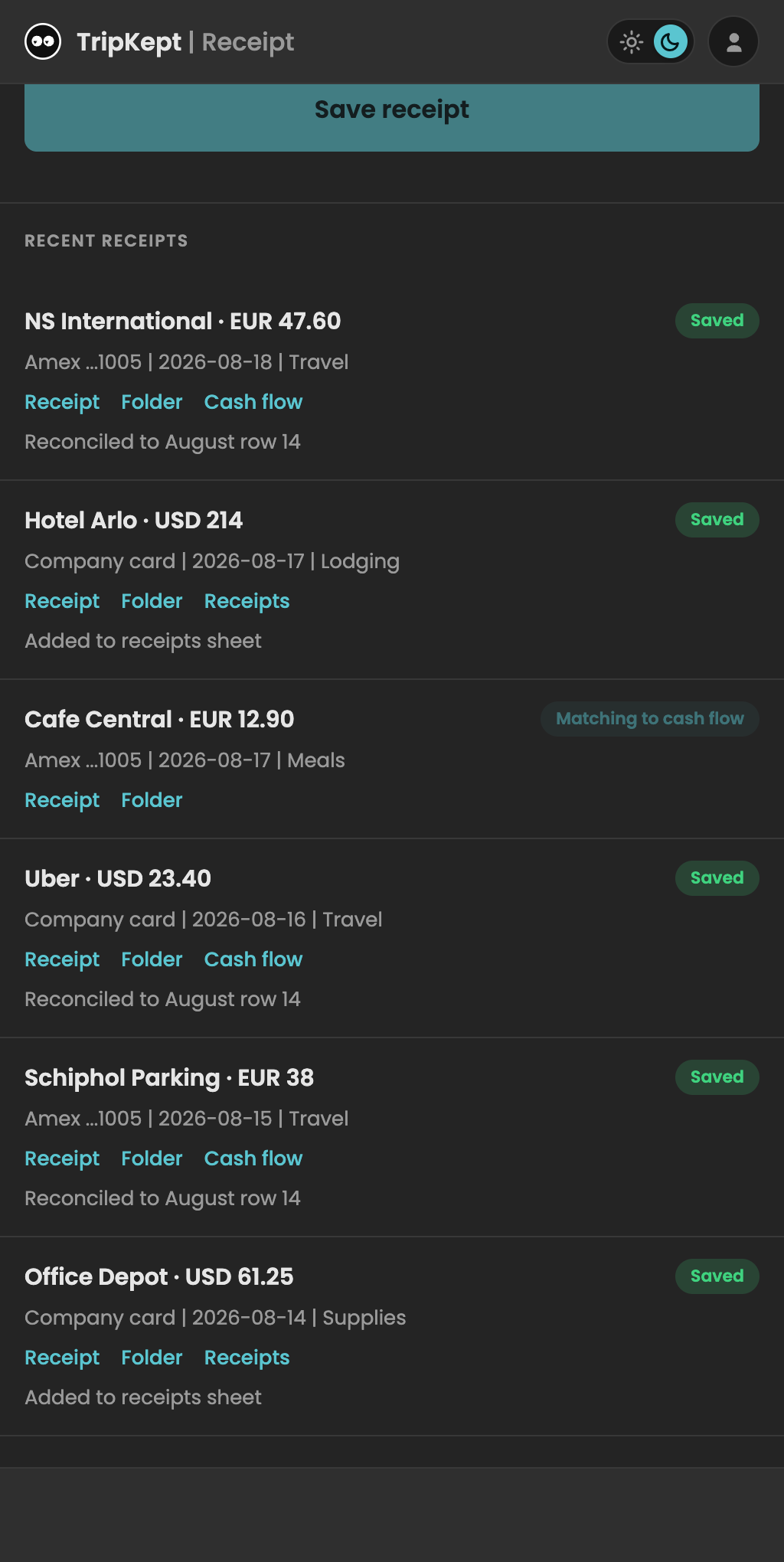 BusyTrip receipt scanner: receipts with vendor, amount, category and links to the filed receipt and cash-flow sheet