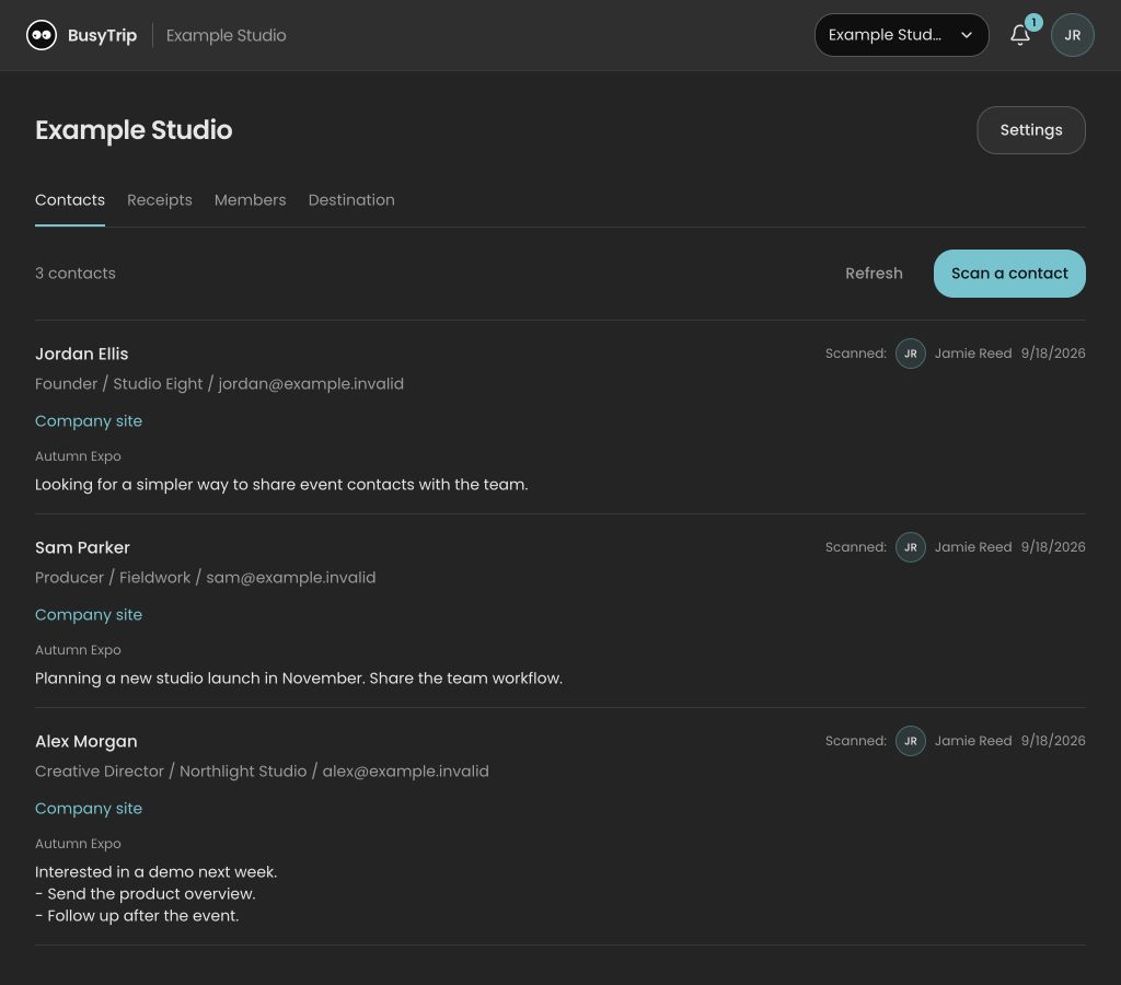 Shared BusyTrip contacts with notes and scanner attribution